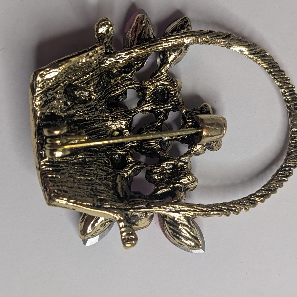 Vintage Multicolor Rhinestone Flower‎ Basket Brooch